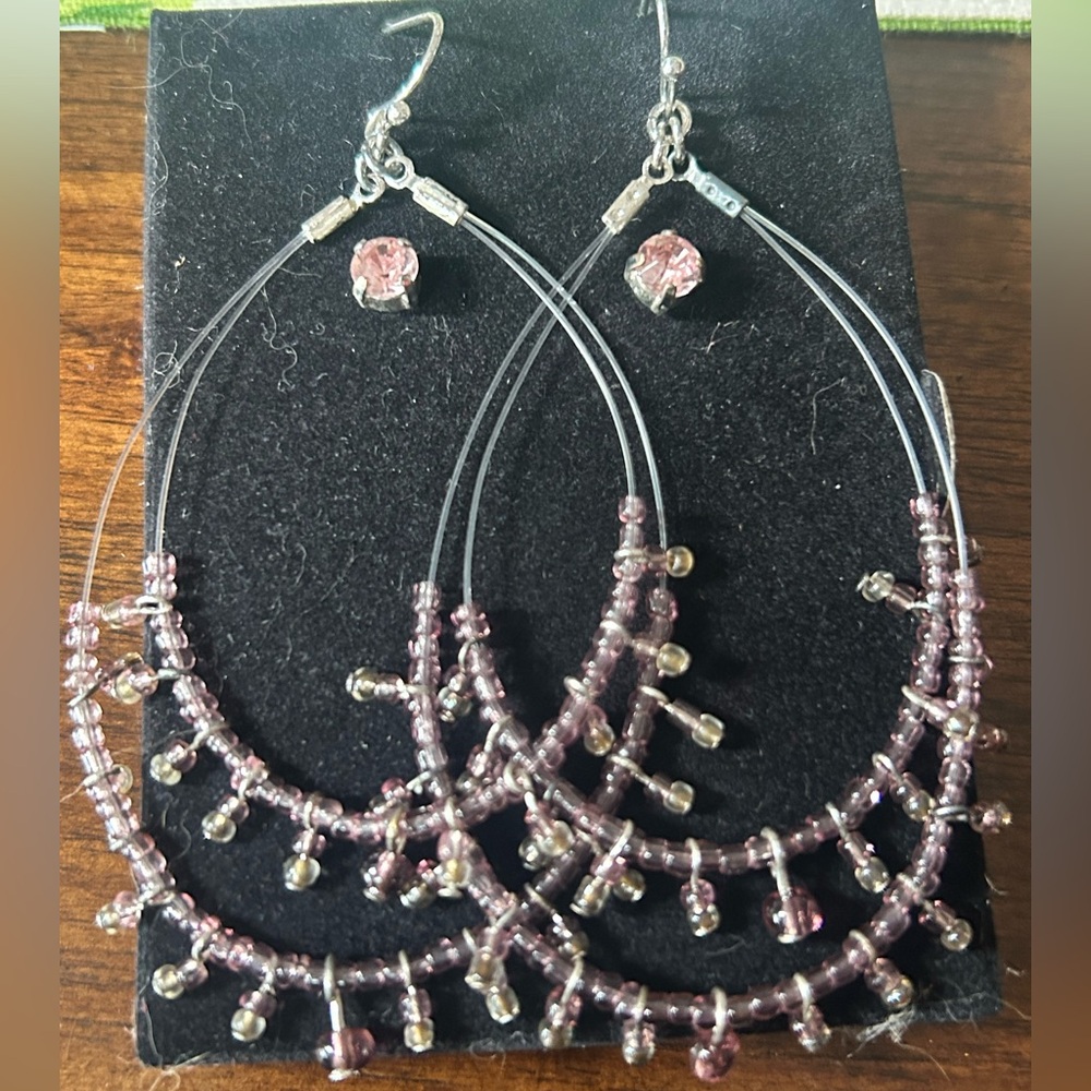 Handcrafted Boho Purple Bead Dangle Chandelier Hoop Pink Zircon Stud Earring Set